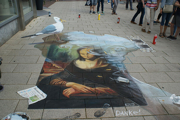 3D-Street-Art Bild Mona Lisa mit Möwe